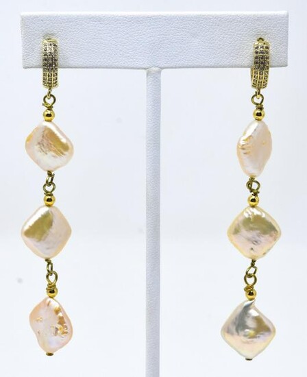 Pair of Pave & Coin Pearl Pendant Earrings