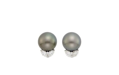 Pair of Platinum, Tahitian Gray Cultured Pearl and Diamond Earrings