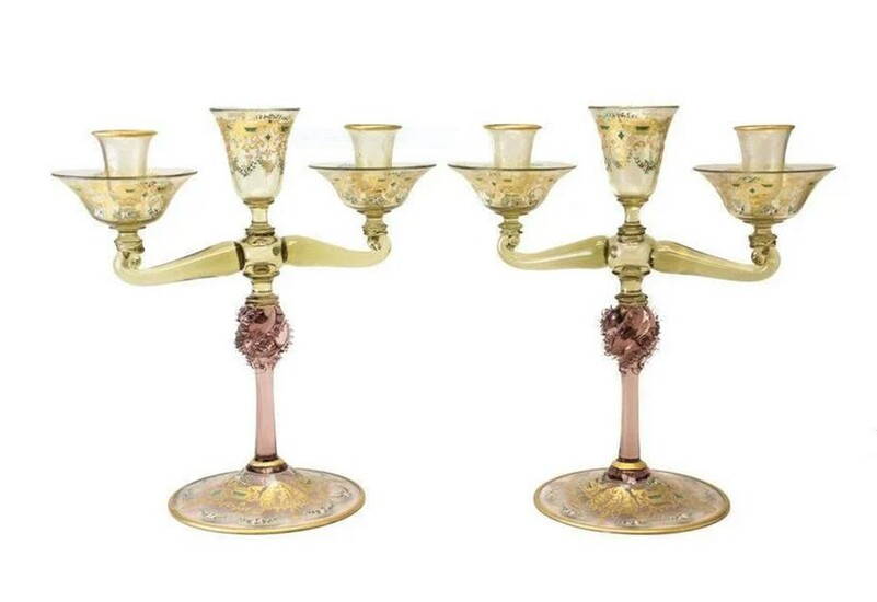 Pair of Venetian Amber Art Glass Candelabras, c1920
