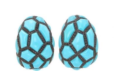 Pair of White and Blackened Gold, Turquoise and Black Diamond Earclips, de Grisogono