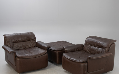 Pair of armchairs and stool, brown leather. 3 pcs 2nd 2nd half of the 20th Jh.