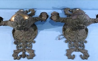 Pair of bronze ornate 3 light wall sconce