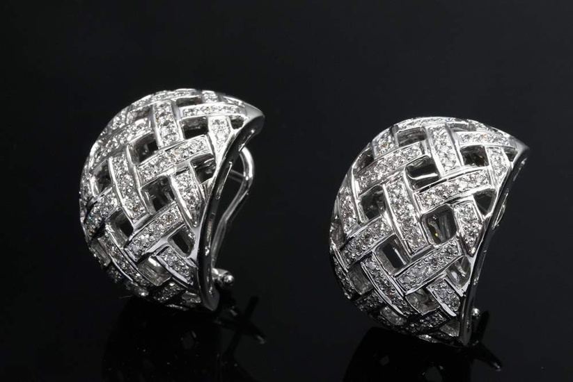 Pair of wide white gold 750 diamond stud earrings in net look (total approx. 1.14ct/TW/VVS), 22.7g, 20.4x15.2mm