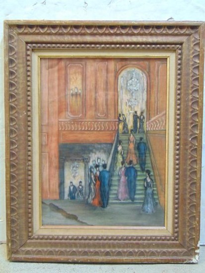 Pastel, elegant dressed figures on staircase, opera