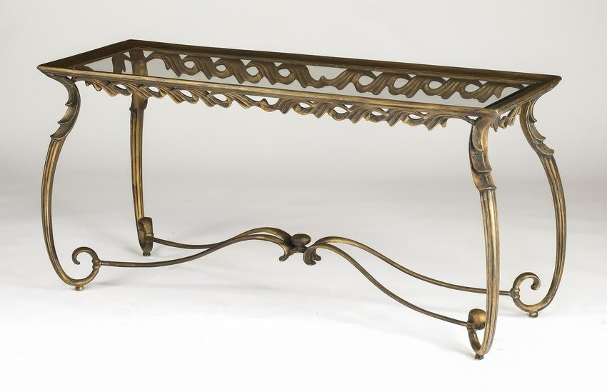 Patinated bronze and glass console table, 60"l