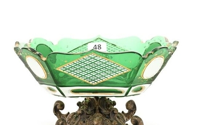 Pedestal Bowl, Green Bohemian Art Glass