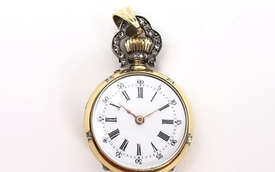 Petite montre de col en or jaune (750) cadran émaillé chiffres romains, la monture diamantée....