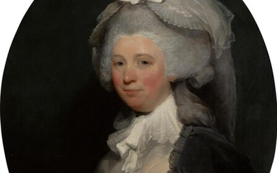Portrait of a lady, half-length, wearing a brown dress with a black lace shawl and a white bonnet, Gilbert Stuart