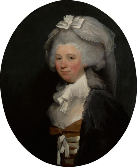 Portrait of a lady, half-length, wearing a brown dress with a black lace shawl and a white bonnet, Gilbert Stuart