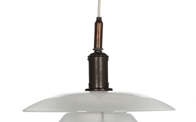 Poul Henningsen: “PH-4/4”. Pendant with browned top and bayonet socket house, mounted with frosted glass shades. Manufactured by Louis Poulsen. Diam. 40 cm.