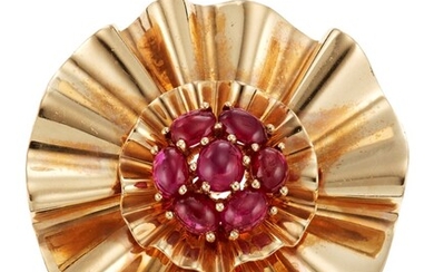 RETRO CARTIER RUBY AND GOLD CLIP-BROOCH WITH GIA REPORT