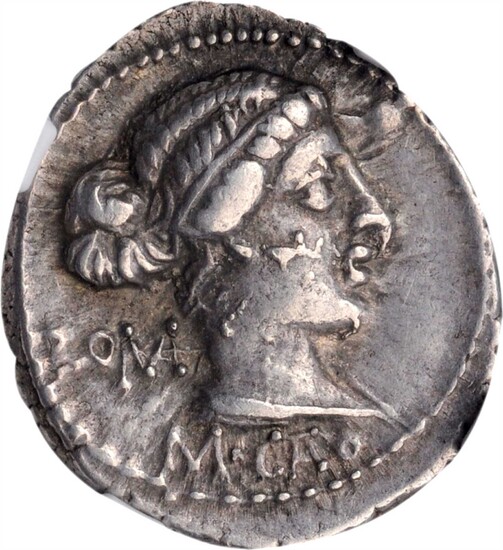 ROMAN REPUBLIC. M. Cato. AR Denarius (3.94 gms), Rome Mint, 89 B.C. NGC EF, Strike: 4/5 Surface: 4/5.