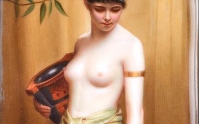 Rectangular porcelain plate representing a partly naked young...