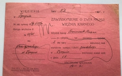 Release certificate from Prison in Tyczyn 1921