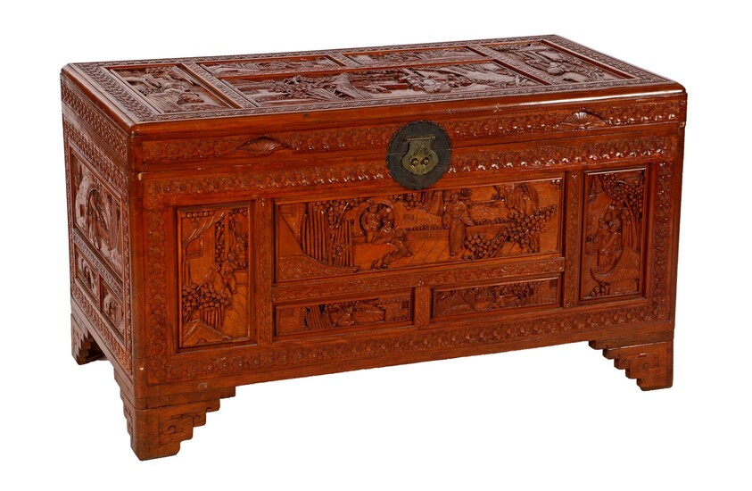 (-), Richly carved djatti wooden oriental box with...