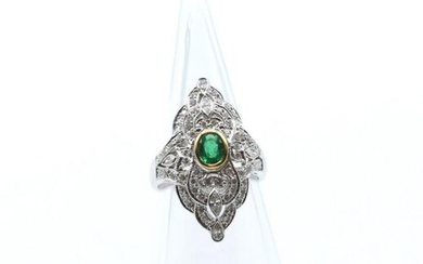 Ring in 18 ct yellow and white gold set with 60 brilliants +/- 0.60 ct, 4 marquise cut diamonds +/- 0.30 ct, 2 pear cut diamonds +/- 0.14 ct and 1 emerald - 8.9 g (Size: 56)