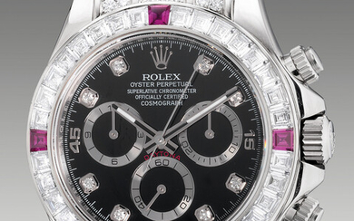 Rolex, Ref. 1165994RU A very fine, rare and extravagant white gold and diamond-set chronograph wristwatch with baguette-cut diamond and ruby-set bezel, diamond-set indexes, guarantee and presentation box