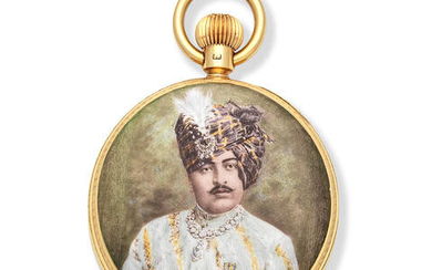 Rotherams, London. An 18K gold keyless wind pocket watch with enamel portrait of a Maharaja