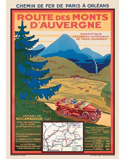 Route des Monts D'AuvergneChaixImp.1929Paris Affiche entoilée/ Vintage Poster on LinnenT.B.E....