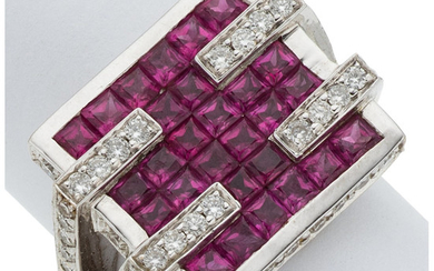 Ruby, Diamond, Gold Ring The ring features square-cut rubies...