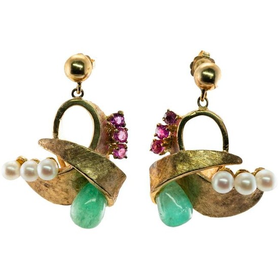 Ruby Emerald Earrings Cultured Pearl 14K Gold