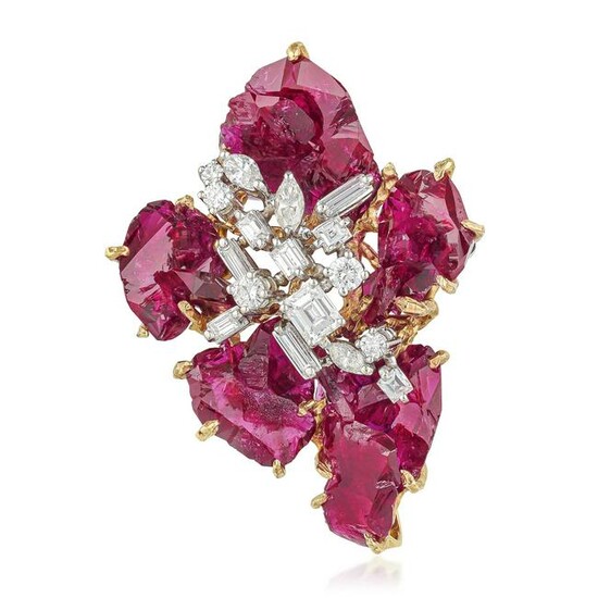 Ruby and Diamond Flower Brooch/Pendant