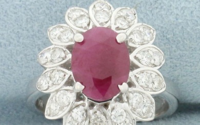 Ruby and Diamond Flower Ring in 14k White Gold
