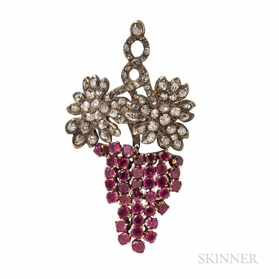 Ruby and Diamond Grape Cluster Brooch