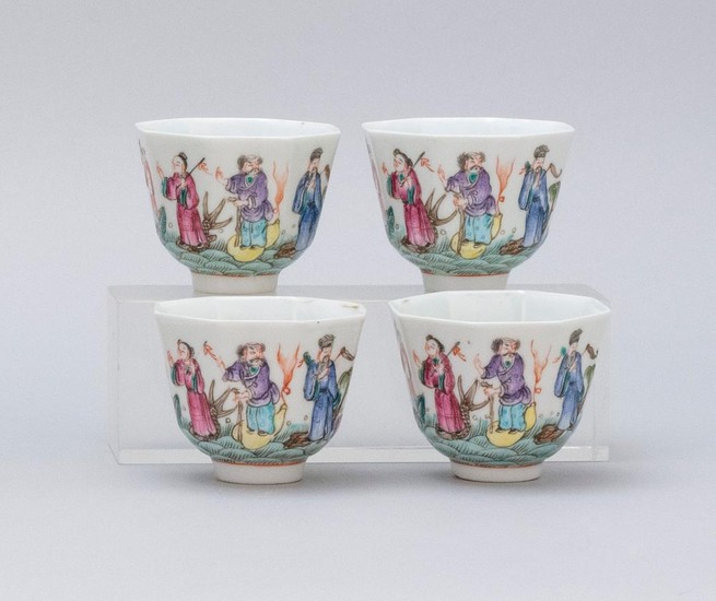 SET OF FOUR CHINESE POLYCHROME PORCELAIN CUPS Octagonal, with design of eight Immortals. Republic Period mark on base. Diameter 2.8".