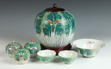 SEVEN PIECES CHINESE CABBAGE LEAF PORCELAIN, circa 1840. Including ginger...
