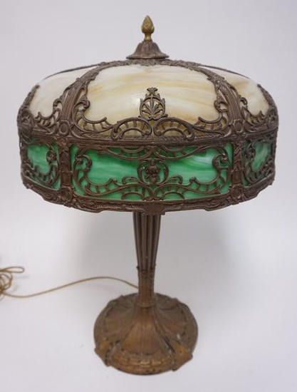 ANTIQUE SIGNED SLAG GLASS TABLE LAMP