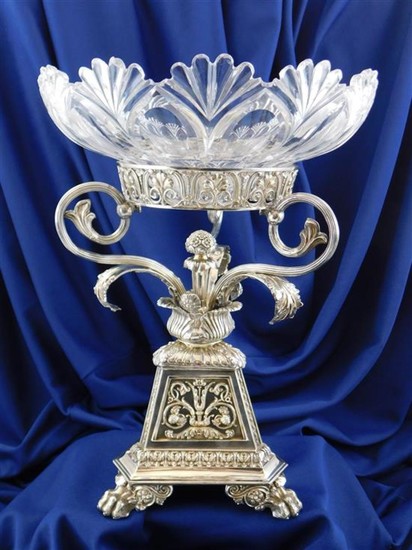SILVER: Matthew Boulton (English, 1728 - 1809) Important George IV sterling epergne with cut crystal Waterford bowl, 1825, acanthus...