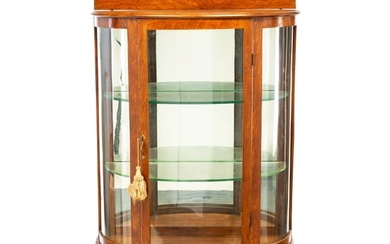 SMALL CURVED GLASS OAK CHINA CABINET.
