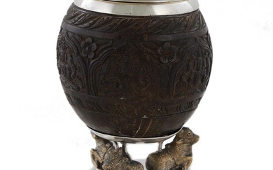 Sailor-carved coconut vessel with silverplate mounts