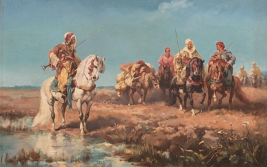 Schreyer J. M., Moorish horseman in a landscape, oil on a mahogany panel, 51 x 72 cm