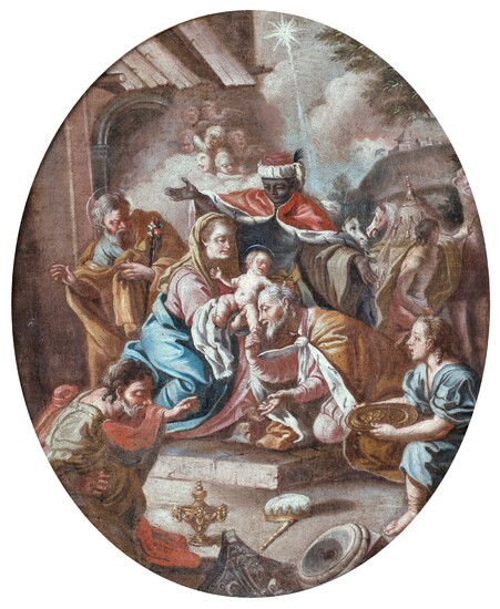 Scuola napoletana del XVIII secolo (0 - 0) Adorazione dei Magi olio su tela ovale cm 75x63 - con la cornice: cm 85x73