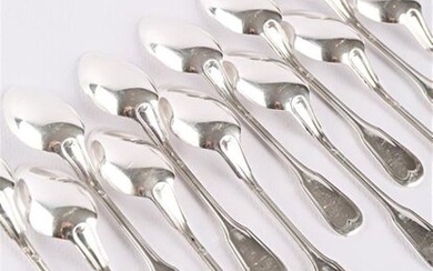 Set of twelve silver mocha spoons, the handle decorated with fillets.
