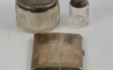 Silver cigarette case, Charles S Green & Co Ltd, Birmingham 1912, and other small silver items.