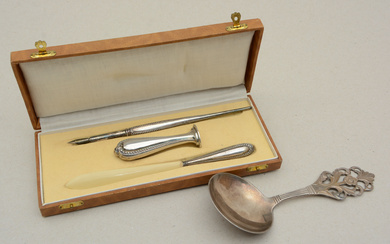 Silver spoon. Norwegian.. + Writing set with paper knife, seal stamp, ink pen. silver 830 S.