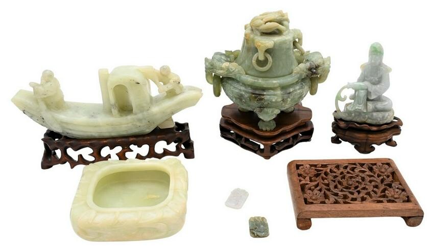 Six Carved Chinese Jade, Jadeite, and Stone Items, to
