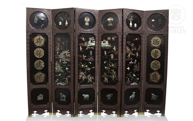 Six-leaf lacquer screen with jade and agates.