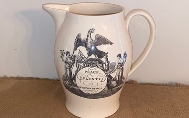 Staffordshire Creamware Liverpool Pitcher with Washington Memorial with Chain of States Peace and