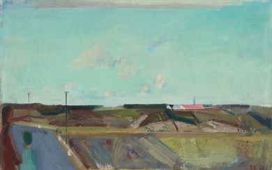 Svend Engelund: Country scenery with farms and blue sky. Signed and dated SE 50. Oil on canvas. 64.5×94 cm.