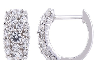 TJD 1.00 Carat 14 Karat White Gold Scattered Diamond Huggie Hoop Earrings