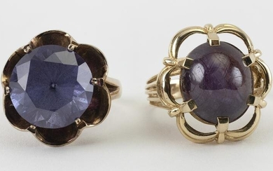 TWO 14KT GOLD AND SYNTHETIC CORUNDUM COCKTAIL RINGS