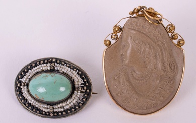 TWO ANTIQUE JEWELRY ITEMS: LAVA CAMEO PENDANT IN A SCROLLING 14K YELLOW GOLD FRAME AND TURQUOISE AND SEED PEARL BROOCH