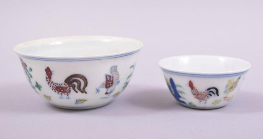 TWO DOUCAI PORCELAIN CHICKEN CUPS, both with six