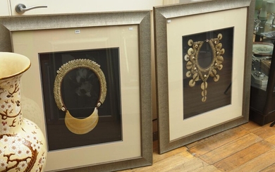 TWO FRAMED AFRICAN SHELL AND FIBRE NECK ADORNMENTS