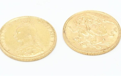 TWO SOVEREIGN COINS DATED 1889 (FAR G MELBOURNE) AND 1908, TOTAL WEIGHT 15.9GMS