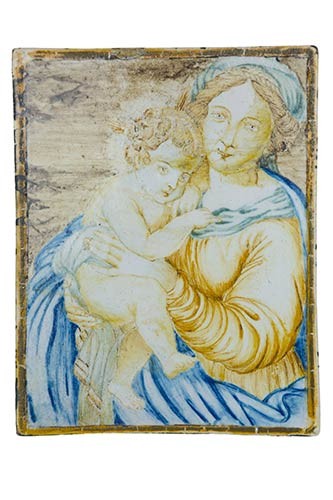 Tablet Rectangular tablet. Maiolica decorated with "Madonna col Figlio in...